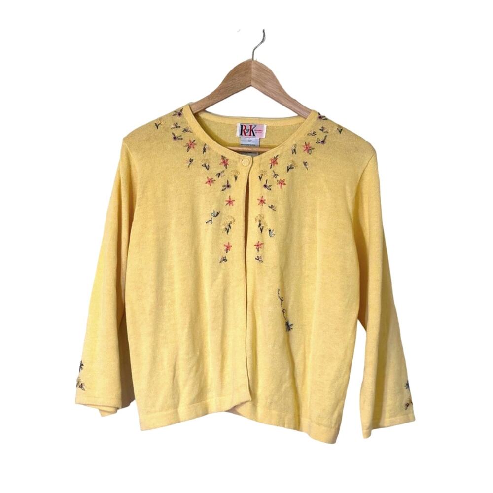 Vintage R&K Originals 16P Yellow Ramie Blend Floral Embroidered Sweater Cardigan